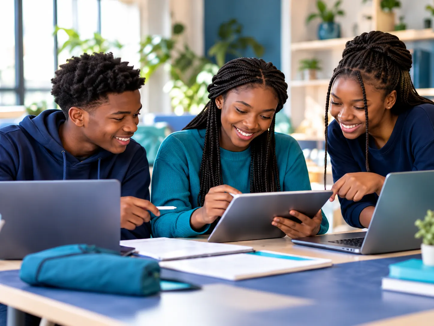 Teens learning together with laptops